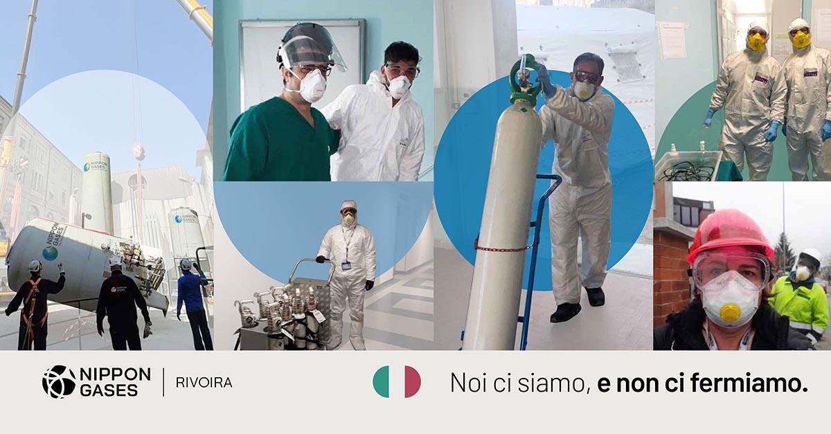 Operatori di Nippon Gases Italia portano ossigeno Medicale